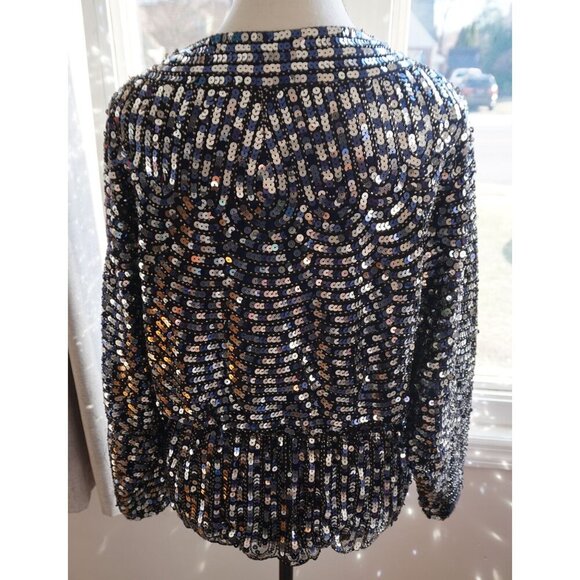 Prima Black Sequin Long Sleeve V-Neck Top With Scalloped Hem - Size M - Picture 3 of 8